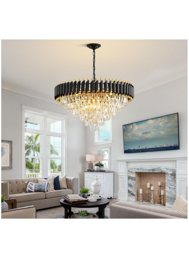 المفتاحة ثريا كريستالية عصرية فاخرة - وحدة إضاءة سقفية أنيقة باللونين الذهبي والأسود لغرفة المعيشة أو غرفة الطعام أو الردهة | إضاءة كبيرة مميزة بسلسلة قابلة للتعديل وتصميم كريستالي مبهر - Image 4