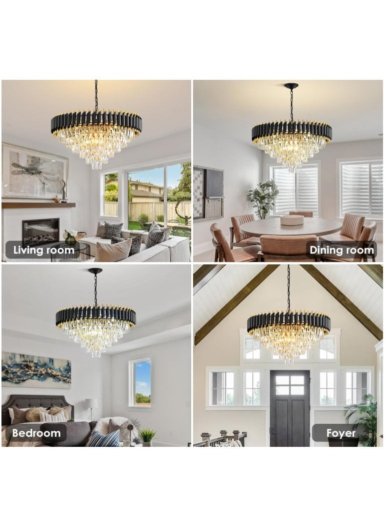 المفتاحة ثريا كريستالية عصرية فاخرة - وحدة إضاءة سقفية أنيقة باللونين الذهبي والأسود لغرفة المعيشة أو غرفة الطعام أو الردهة | إضاءة كبيرة مميزة بسلسلة قابلة للتعديل وتصميم كريستالي مبهر - Image 5