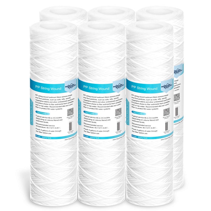 Membrane Solutions 5 Micron 10x25 String Wound Whole House Water Filter Replacement Cartridge Universal Sediment Filters for Well Water  6 Pack
