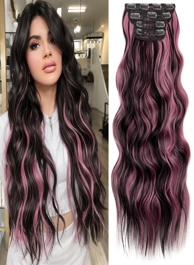 KooKaStyle Clip in Hair Extensions 4PCS Long Wavy Natural & Soft Hairpieces for Women 24 Inch for Women(Natural Black Pink) - Image 1