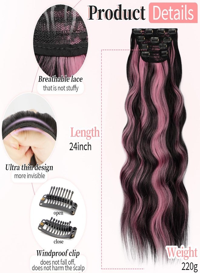 KooKaStyle Clip in Hair Extensions 4PCS Long Wavy Natural & Soft Hairpieces for Women 24 Inch for Women(Natural Black Pink) - Image 2