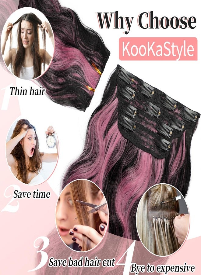 KooKaStyle Clip in Hair Extensions 4PCS Long Wavy Natural & Soft Hairpieces for Women 24 Inch for Women(Natural Black Pink) - Image 5