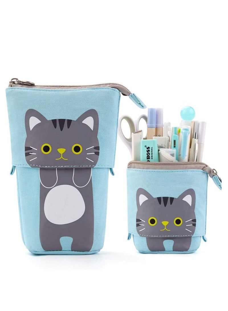 Pencil Holder, Transformer Stand Store Holder Canvas PU Cartoon Lovely Cat Telescopic Organizer Cosmetics Pouch Makeup Bag up Case for Student Girl Boy Adult - Image 1