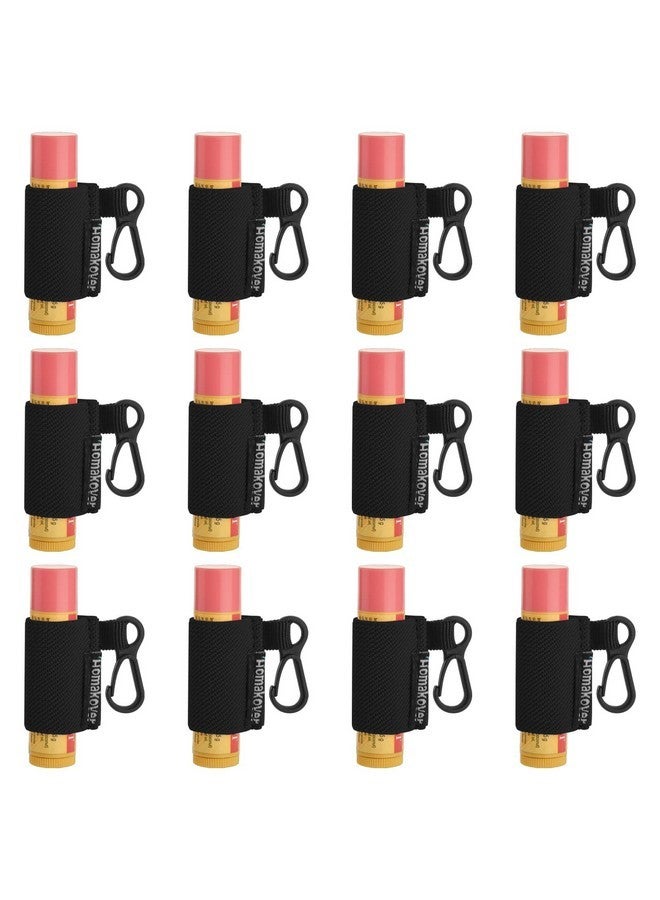 Homakover 12 Pack Compact Clip-On Lipstick Holder Keychain, Lip Balm Sleeves with Clip, Fits Most Standard Lip Balm,Tight-Knit Elastic Lip Balm Keychain Holder (Black) - Image 1