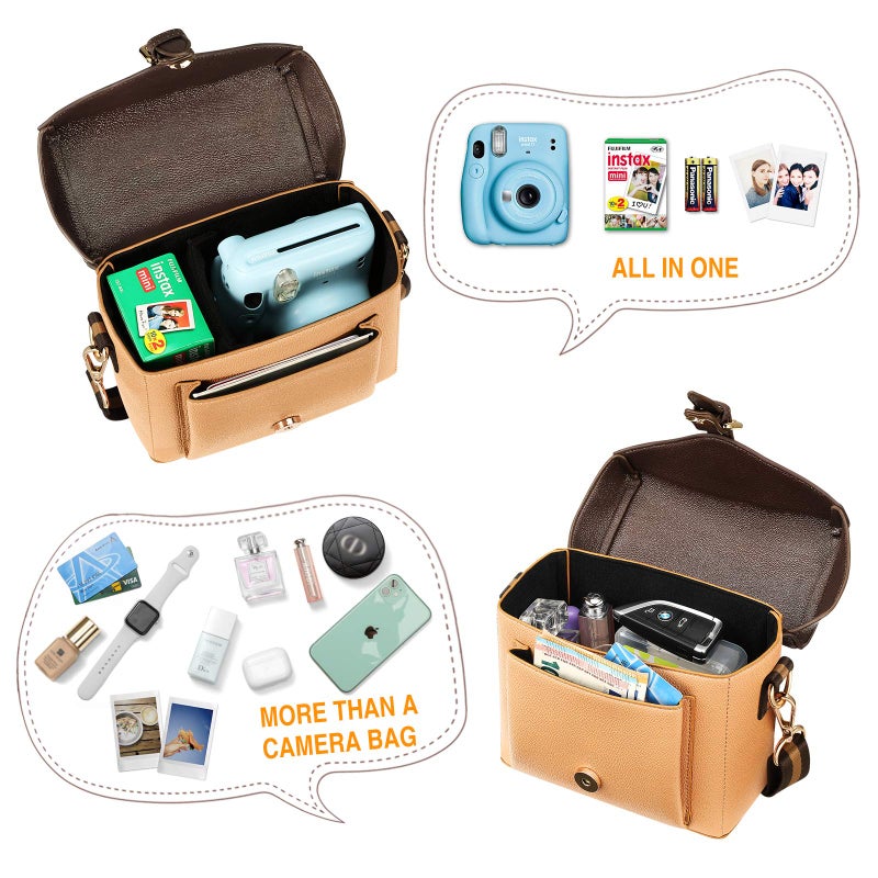 FINPAC Protective Case Leather Crossbody Handbag for Fujifilm Instax Mini 12/11/9/8+/8/90/70/40/26+/25/7s/Mini LiPlay/Square SQ1/SQ6/SQ40 Polaroid PIC-300 Instant Camera with Film Pack Pocket, Brown - Image 4