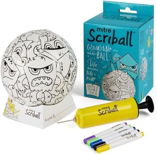 Mitre SCRIBALL Kids Coloring DIY Soccer Ball, Pump, & Display Stand - Mini Soccer Ball with 5 Markers - 3 Fun Character Designs - Creative Soccer Toy for Kids - Ships Deflated - Image 1