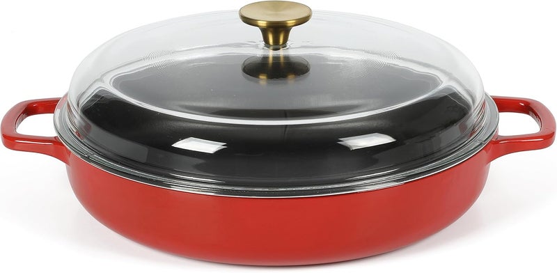 Sur La Table Kitchen Essentials 375 Quart Enamel Cast Iron All In One MultiPurpose NonToxic Nonstick Braiser Pan WBorosilicate Glass Lid  Red - Image 1