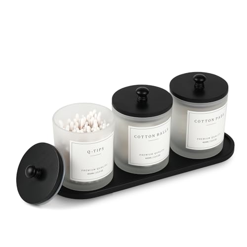 eggs sound 3 Pack Qtip Holder - Bathroom Organizers and Storage, Cotton Round Swab Holder Dispenser Cotton Ball Holder with Tray, Glass Apothecary Jars with Lids, Floss Pick Containers - ms black - Image 1