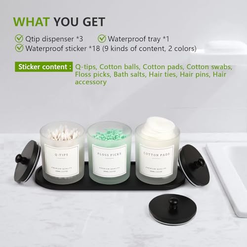 eggs sound 3 Pack Qtip Holder - Bathroom Organizers and Storage, Cotton Round Swab Holder Dispenser Cotton Ball Holder with Tray, Glass Apothecary Jars with Lids, Floss Pick Containers - ms black - Image 2