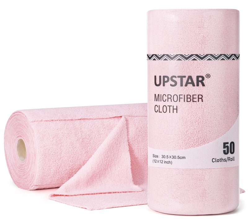 UPSTAR Microfiber Cleaning Cloth Reusable Paper Towels Rolls Dish Rags for Washing Dishes Kitchen Bathroom Car 12x12 inch 50 PacksRoll Pink