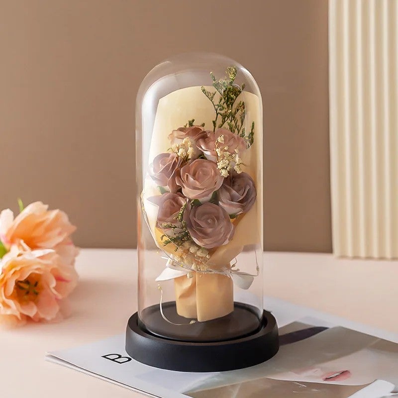 Bluejw Valentine's Day Gift Dried Baby's Breath Soap Rose Flower Bouquet in Glass Dome with LED Light – Preserved Real Dried Plants Romantic Decor - Image 3