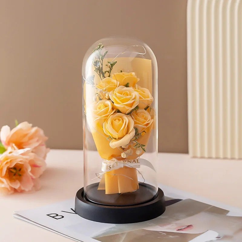 Bluejw Valentine's Day Gift Dried Baby's Breath Soap Rose Flower Bouquet in Glass Dome with LED Light – Preserved Real Dried Plants Romantic Decor - Image 1