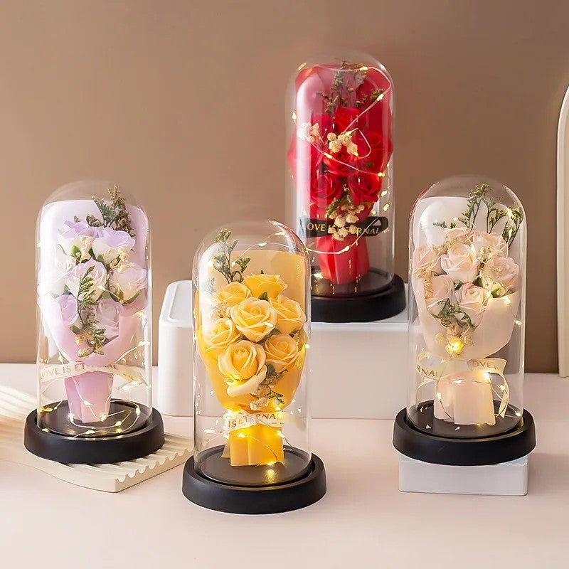 Bluejw Valentine's Day Gift Dried Baby's Breath Soap Rose Flower Bouquet in Glass Dome with LED Light – Preserved Real Dried Plants Romantic Decor - Image 5