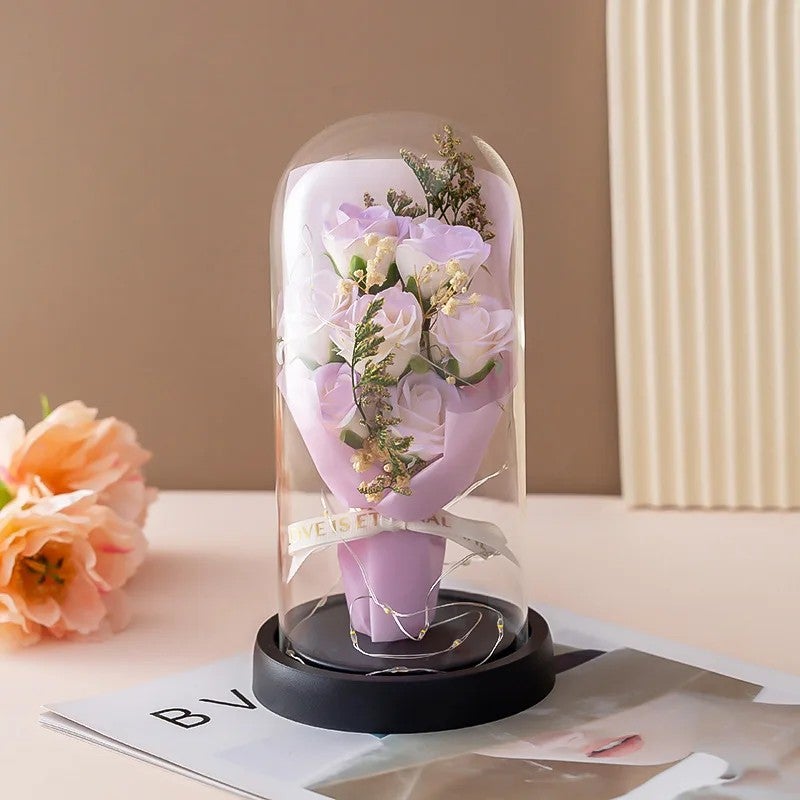 Bluejw Valentine's Day Gift Dried Baby's Breath Soap Rose Flower Bouquet in Glass Dome with LED Light – Preserved Real Dried Plants Romantic Decor - Image 2