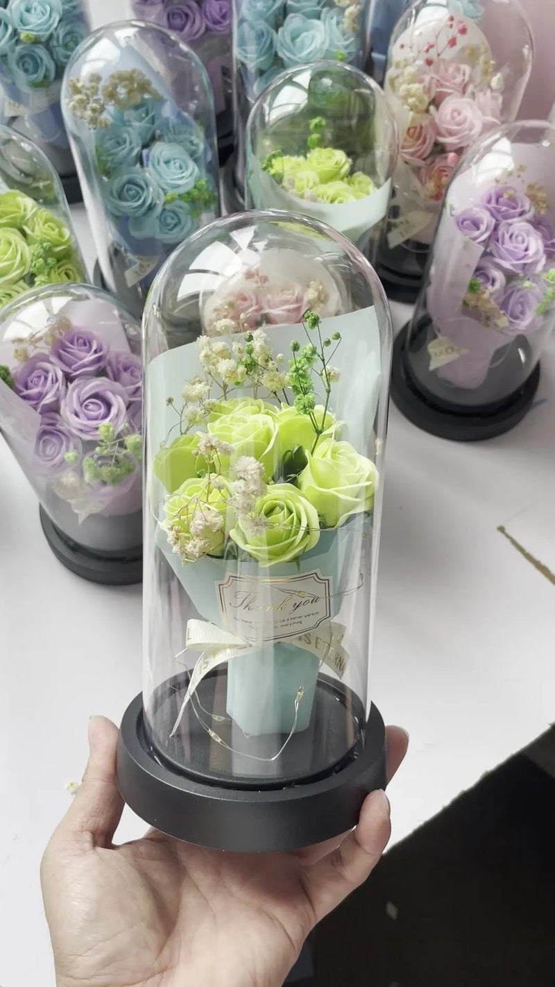 Bluejw Valentine's Day Gift Dried Baby's Breath Soap Rose Flower Bouquet in Glass Dome with LED Light – Preserved Real Dried Plants Romantic Decor - Image 4