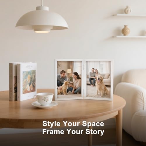 FOREV 4x6 Double Picture Frame Wooden Hinged Photo Frame Definition Glass Stand Vertically on Desktop or Tabletop White - Image 5