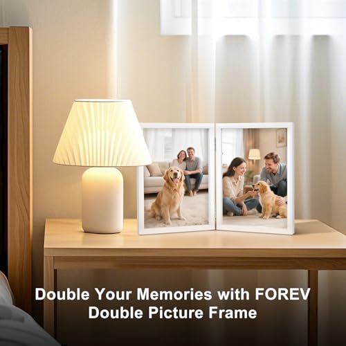 FOREV 4x6 Double Picture Frame Wooden Hinged Photo Frame Definition Glass Stand Vertically on Desktop or Tabletop White - Image 2