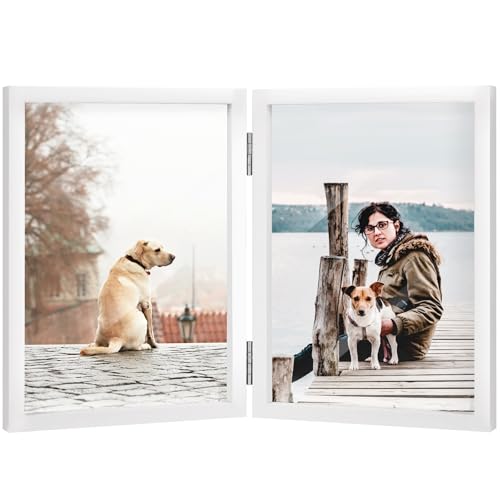 FOREV 4x6 Double Picture Frame Wooden Hinged Photo Frame Definition Glass Stand Vertically on Desktop or Tabletop White - Image 1