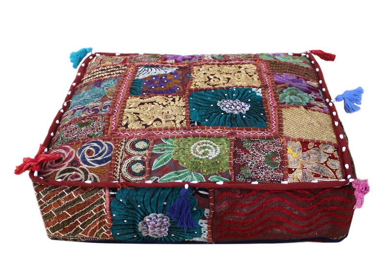CRAFT KALA Indian Square Patchwork Traditional Pouf Cover Indian Living Room Poufs Decorative Embroidered Designer Ottoman Home Living Footstool Chair Cover Decor Pillow Cover 22x22x5 inches, Dark Red