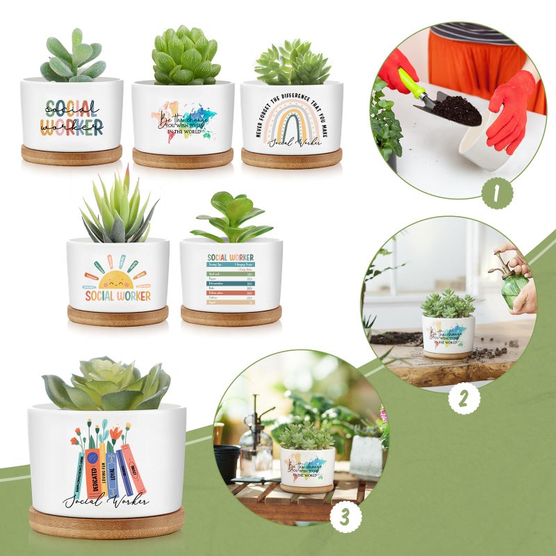 Sieral 12 Pcs Thank You Employee Appreciation Gift Succulent Pots Social Worker Gift Ceramic Plant Pot with Bamboo Tray Succulent Planter for Coworker Teacher, Plants Excluded (Social Worker) - Image 3