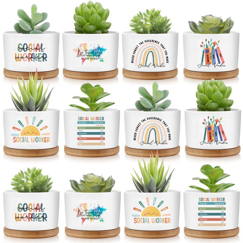 Sieral 12 Pcs Thank You Employee Appreciation Gift Succulent Pots Social Worker Gift Ceramic Plant Pot with Bamboo Tray Succulent Planter for Coworker Teacher, Plants Excluded (Social Worker) - Image 1