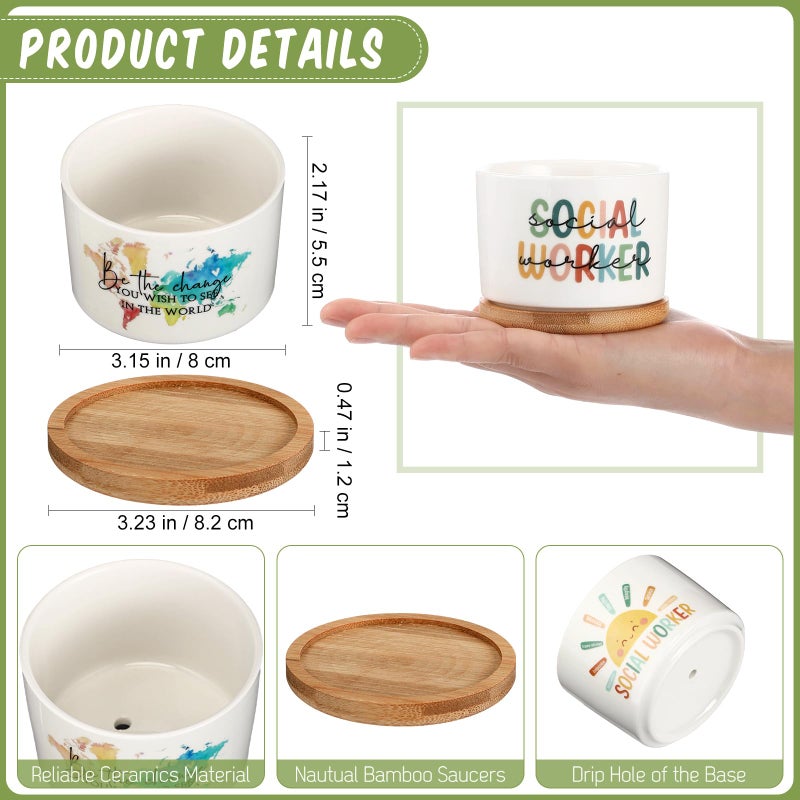 Sieral 12 Pcs Thank You Employee Appreciation Gift Succulent Pots Social Worker Gift Ceramic Plant Pot with Bamboo Tray Succulent Planter for Coworker Teacher, Plants Excluded (Social Worker) - Image 2