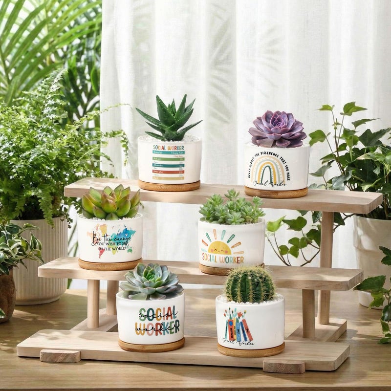 Sieral 12 Pcs Thank You Employee Appreciation Gift Succulent Pots Social Worker Gift Ceramic Plant Pot with Bamboo Tray Succulent Planter for Coworker Teacher, Plants Excluded (Social Worker) - Image 5
