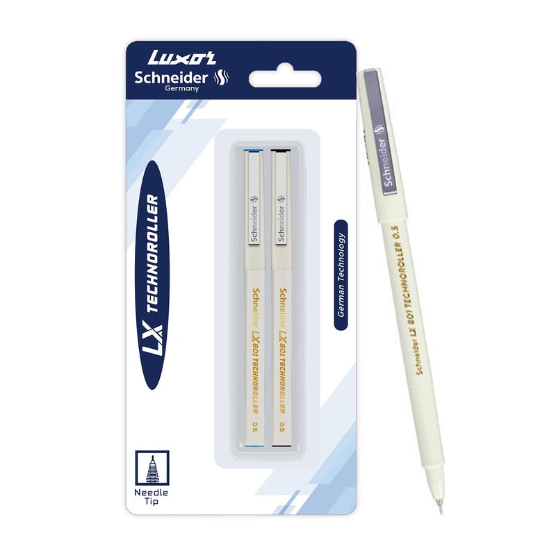Luxor Schneider LX 801 Technoroller|Roller Ball Pen|Pack of 2 -(Blue + Black)|Needle Tip|0.5mm|100% German Technology|Consistent Ink Flow|Smooth Writing Experience|Ideal for Students & Professionals - Image 4