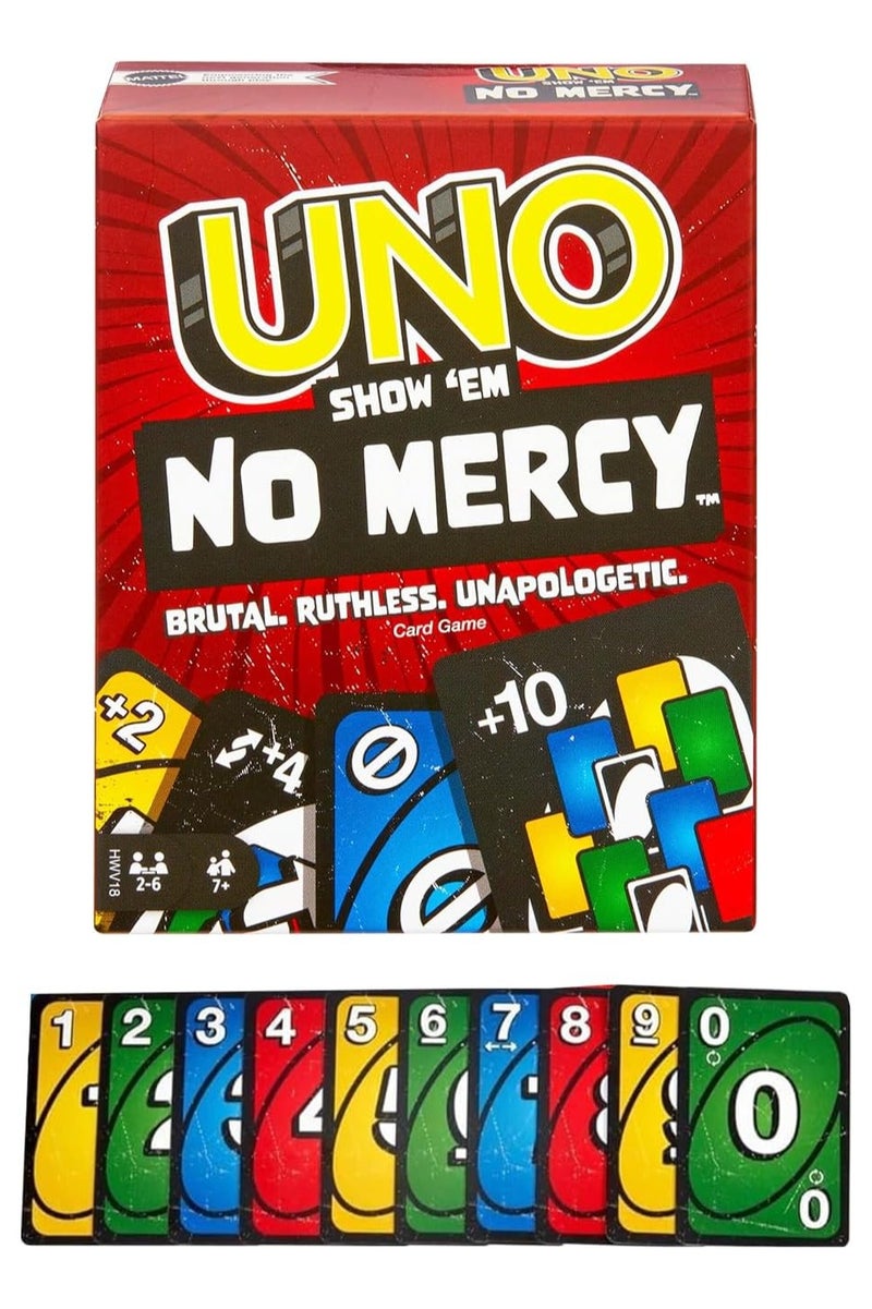 ماتيل جيمز Uno لعبة الورق (UNO) Show 'Em No Mercy – إصدار شرس من لعبة أونو الكلاسيكية – بطاقات عقاب قاسية – لعبة جماعية سريعة ومضحكة للمراهقين والكبار والعائلات – مناسبة لـ 2–4 لاعبين – سهلة الحمل ومثالية للسفر - Image 2