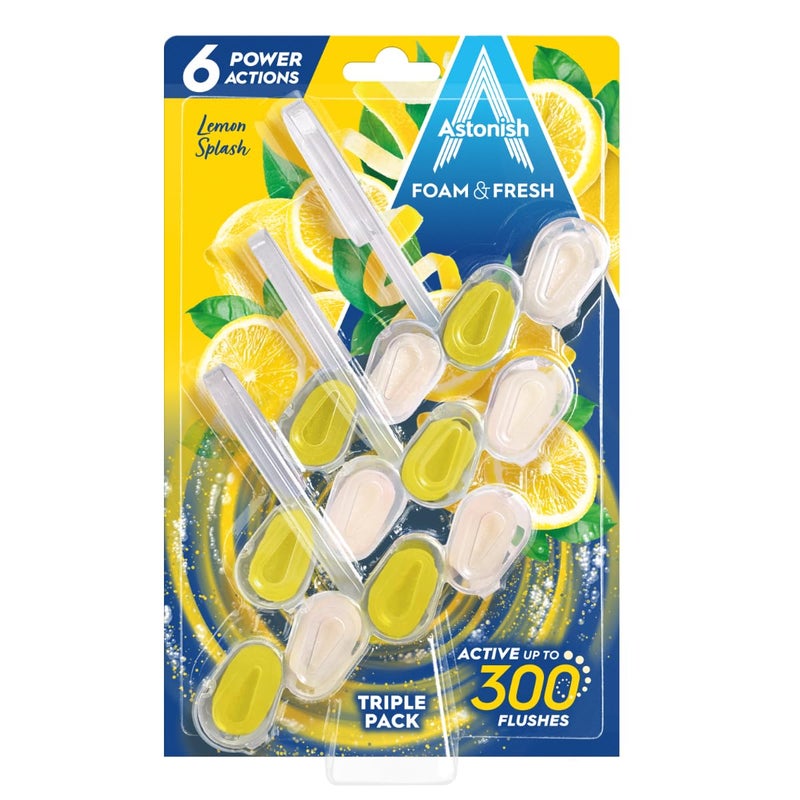 Astonish Foam & Fresh Lemon Splash Toilet Rim Blocks – 3-Pack | 6 Power Actions: Limescale Prevention, Odour Control, Rich Foam | Up to 300 Flushes per Block | Vegan & Cruelty-Free | UK Made - Image 4