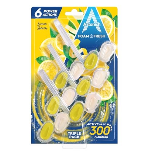 Astonish Foam & Fresh Lemon Splash Toilet Rim Blocks – 3-Pack | 6 Power Actions: Limescale Prevention, Odour Control, Rich Foam | Up to 300 Flushes per Block | Vegan & Cruelty-Free | UK Made - Image 1
