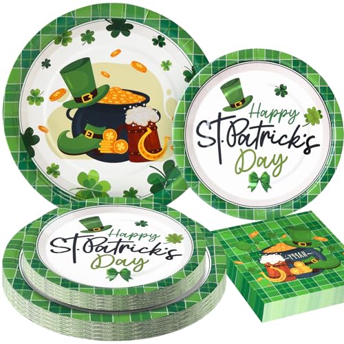 Cheery Land St Patricks Day Plates and Napkins Sets - Green St Patricks Day Disposable Plates for Party Supplies - Serves 25 - For Saint Day Party Decorations - Image 1