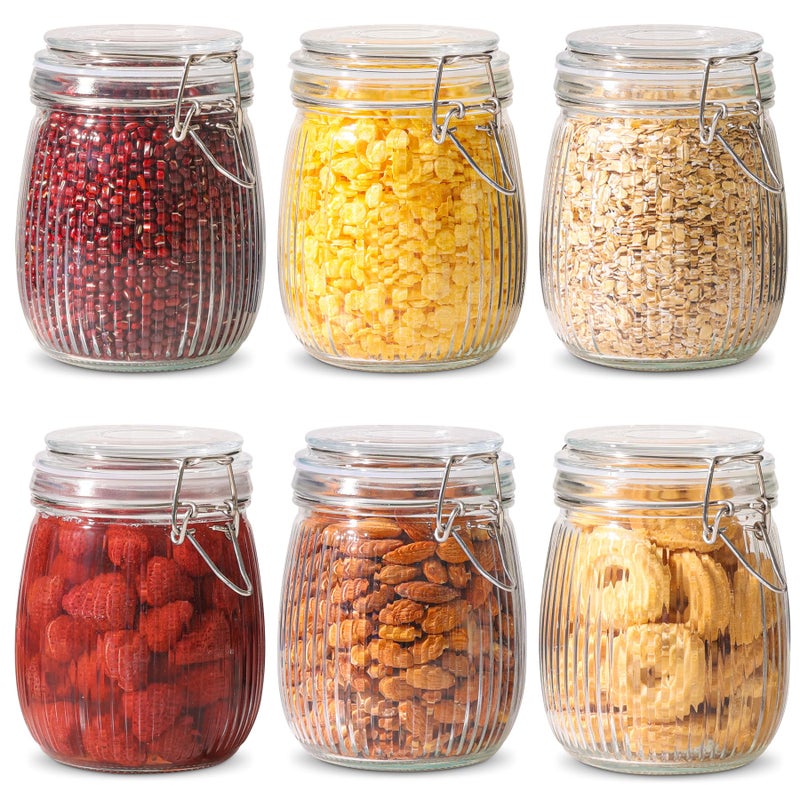 ComSaf Airtight Glass jar with lid 25oz Set of 6, Glass Storage Containers with Lids, Glass Canister, Mason Jars, Striped Clip Fastening Jar for Kitchen Canning, Oat, Coffee, Pasta, Snack, Nut, Candy - Image 1