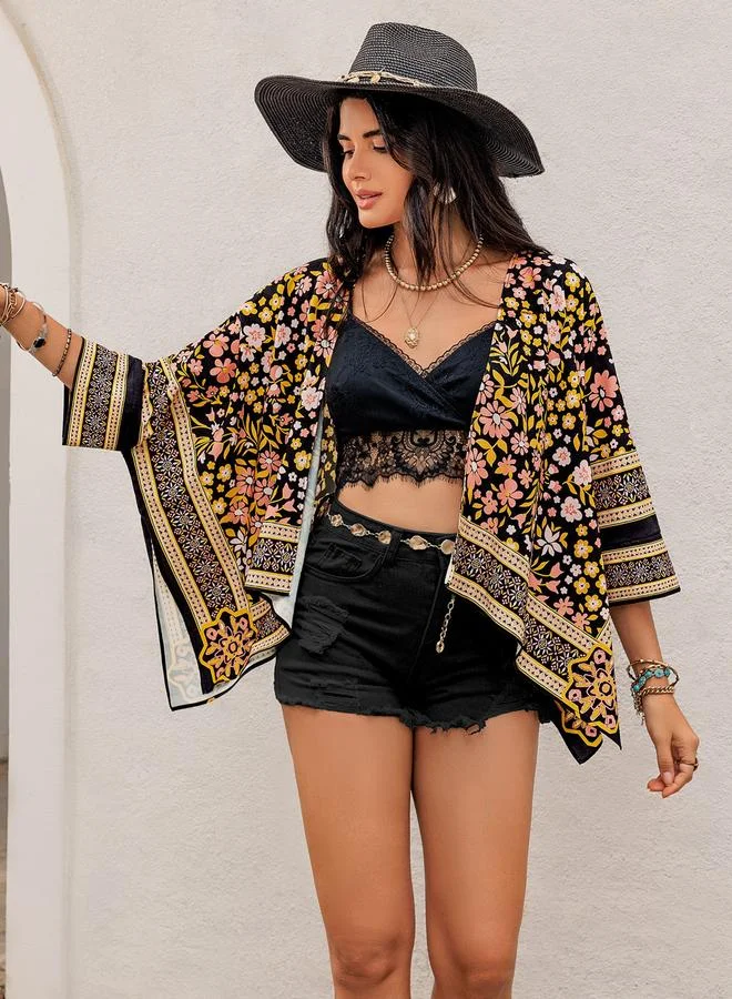 Take Two Take Two Floral Print Batwing Sleeve Asymmetric Hem Kimono