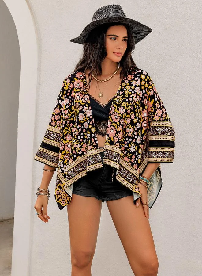 Take Two Take Two Floral Print Batwing Sleeve Asymmetric Hem Kimono