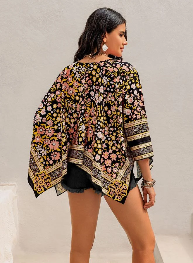 تايك تو Take Two Floral Print Batwing Sleeve Asymmetric Hem Kimono