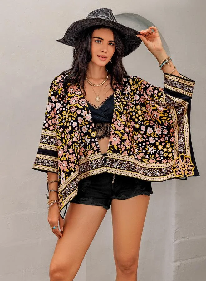 Take Two Take Two Floral Print Batwing Sleeve Asymmetric Hem Kimono