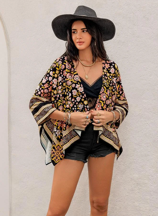 Take Two Take Two Floral Print Batwing Sleeve Asymmetric Hem Kimono