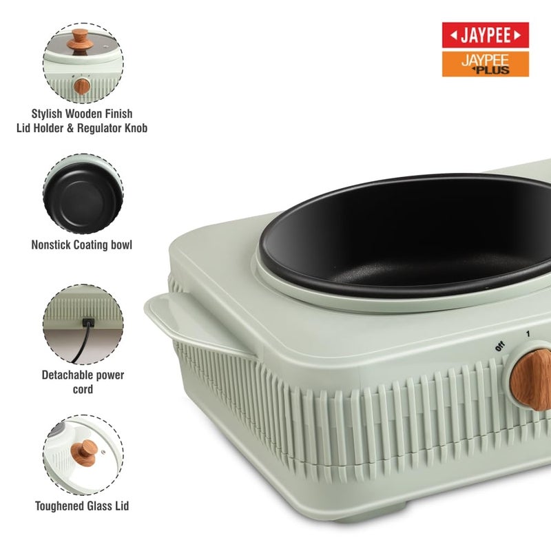 JAYPEE PLUS Electric CookSmart Casserole 3-in-1 Dual Cooking Station with Teflon NonStick Coating Bowl for Reheating & Cooking,Wooden Finish Lid & Regulator Knob Toughened Glass Lid,1.5+1.5 Ltr, Blue - Image 4