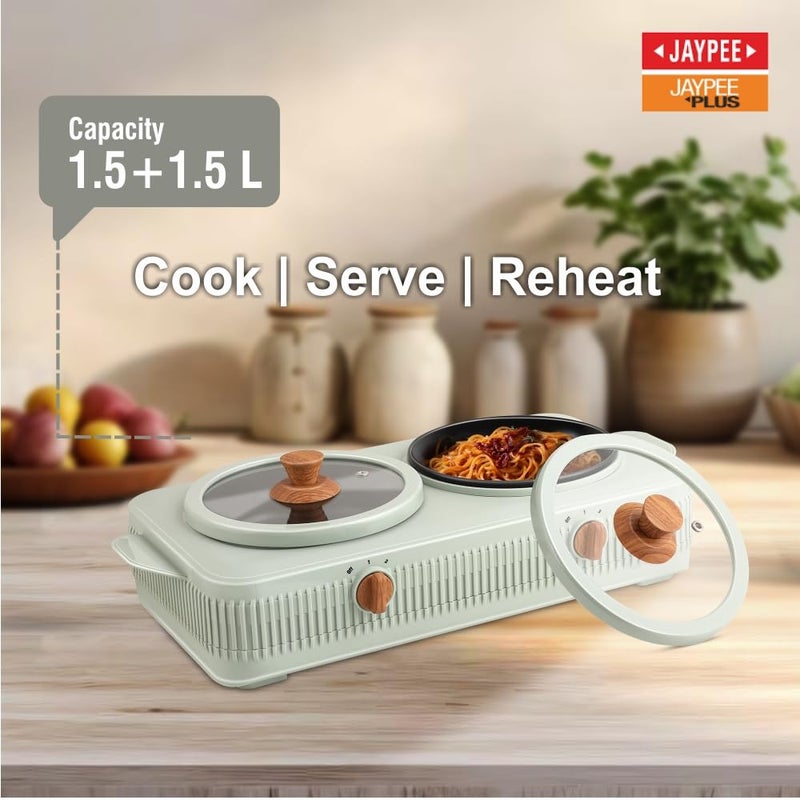 JAYPEE PLUS Electric CookSmart Casserole 3-in-1 Dual Cooking Station with Teflon NonStick Coating Bowl for Reheating & Cooking,Wooden Finish Lid & Regulator Knob Toughened Glass Lid,1.5+1.5 Ltr, Blue - Image 2