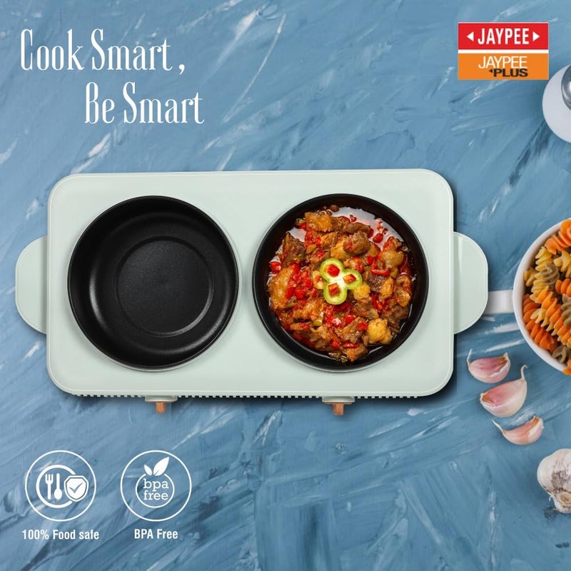 JAYPEE PLUS Electric CookSmart Casserole 3-in-1 Dual Cooking Station with Teflon NonStick Coating Bowl for Reheating & Cooking,Wooden Finish Lid & Regulator Knob Toughened Glass Lid,1.5+1.5 Ltr, Blue - Image 3