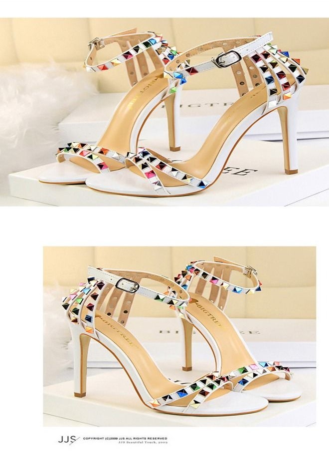 BIGTREE Colored Rivet High Heel Sandals 11CM White  - Image 3