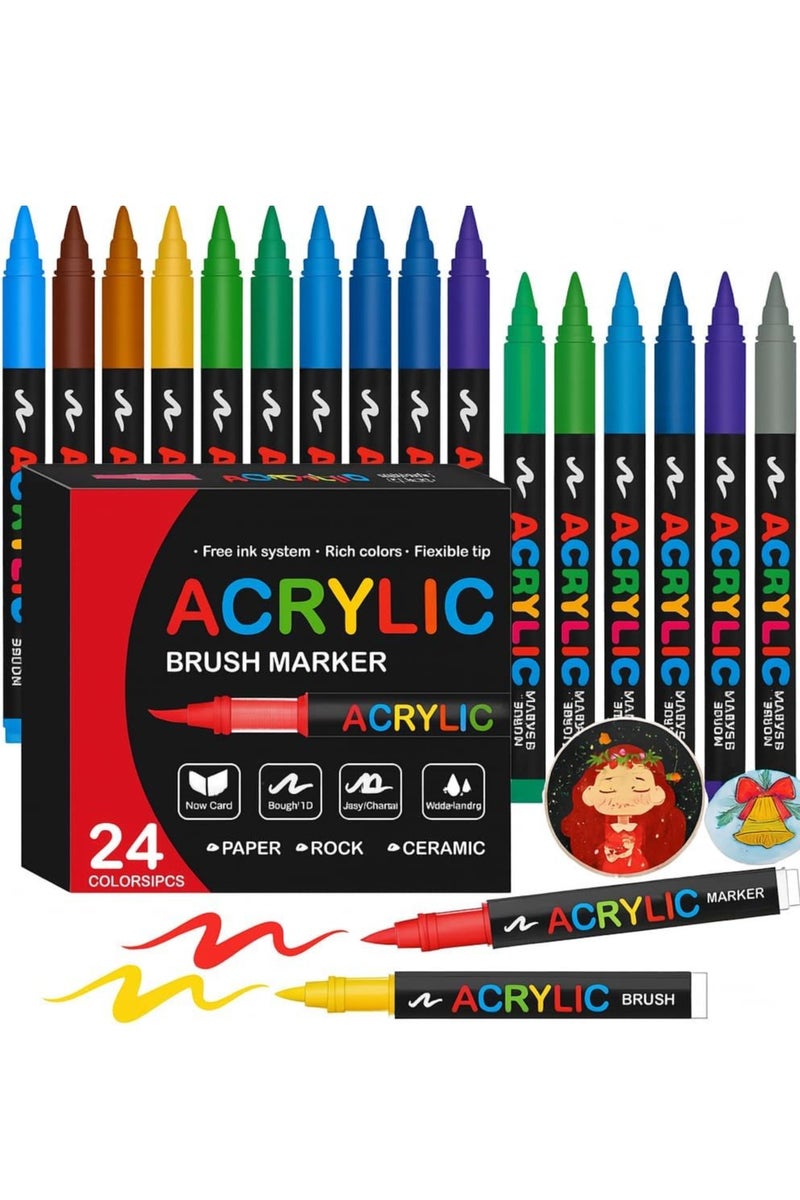 Acrylic Paint Pens Set of 24 – Soft Brush Tip Acrylic Markers for Rock Painting, Canvas, Wood, Stone, Glass, Ceramics, Fabric & DIY Craft Projects - Image 1