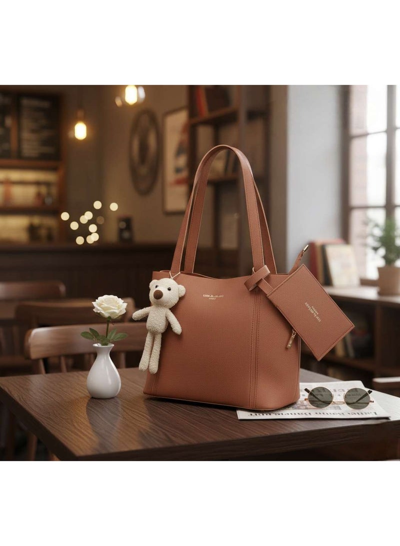 KANAZ Womenâ€™s Tote Bag Set with Cute Bear Charm â€“ Large Shoulder Handbag with Matching Wallet, Stylish Daily Work & Shopping BagF3963 New Bear Lady (Havan) - Image 2