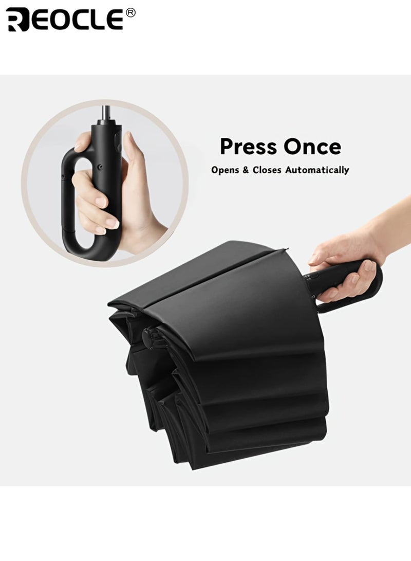 REOCLE Automatic Folding Umbrella with 32 Ribs Wind Resistant Design and 190T Polyester Fabric Compact Travel Umbrella with Fiberglass Frame for One Handed Operation - Image 4