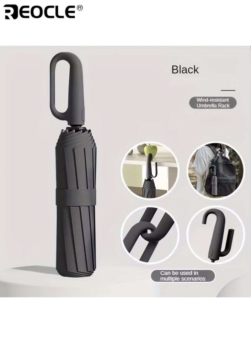 REOCLE Automatic Folding Umbrella with 32 Ribs Wind Resistant Design and 190T Polyester Fabric Compact Travel Umbrella with Fiberglass Frame for One Handed Operation - Image 3