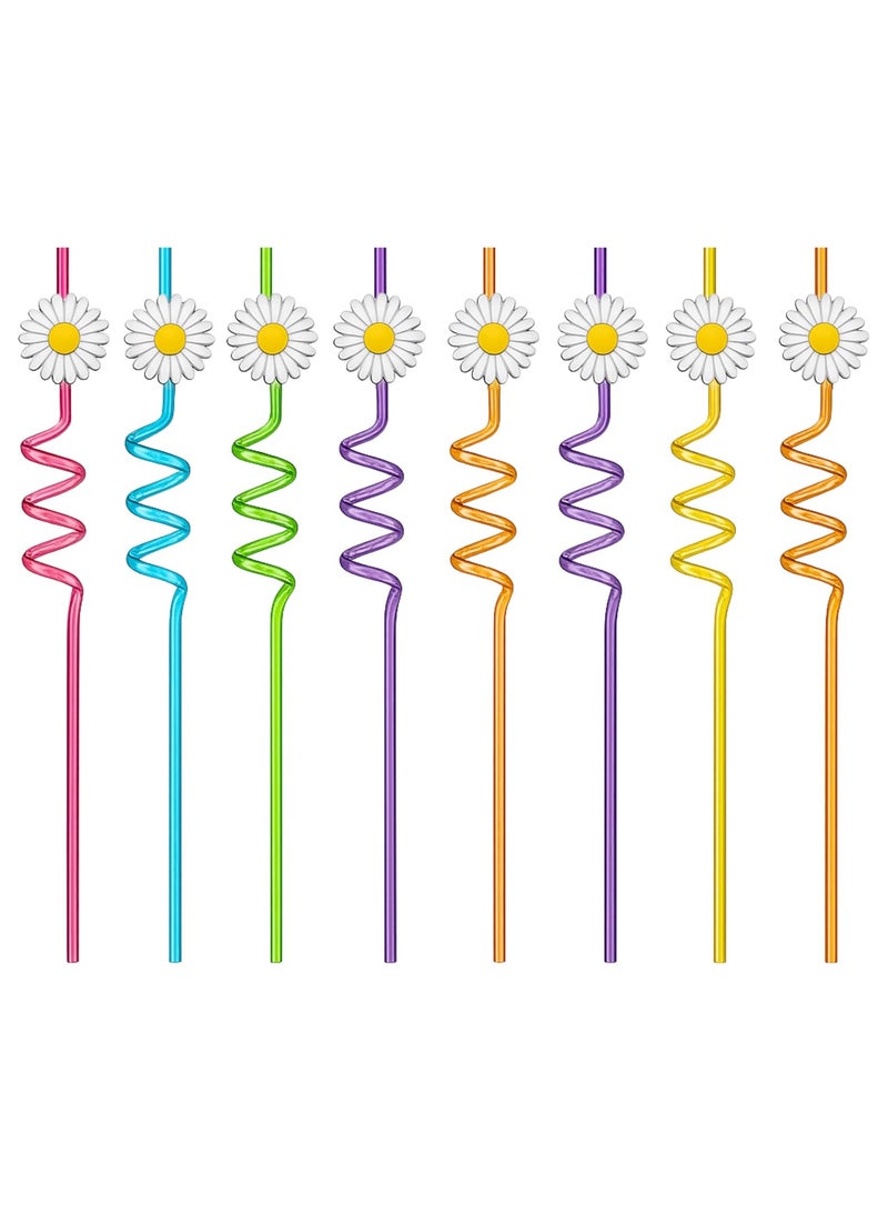 ECVV 8 Pcs Reusable Groovy Daisy Flower Straws | Colorful Plastic Spiral Straws for Party Drinks, Birthday Decorations, Kids Summer Party Supplies | Daisy Topper | Random Colors - Image 1