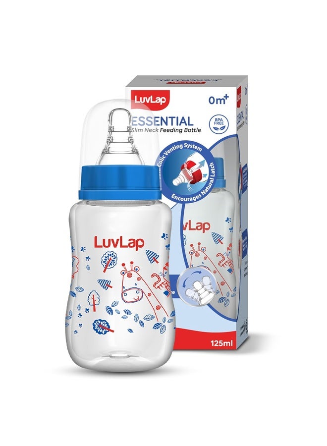Luvlap Baby Essential Slim Neck Feeding Bottle, 125ml, Jungle Tales, with anti Colic Nipple, New Born / Infants / Toddler upto 3 years, BPA Free, , Blue - Image 1