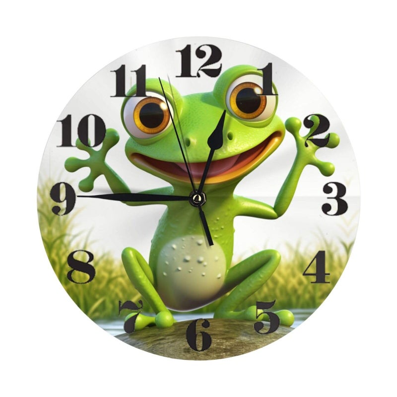 KiuLoam Funny Green Frog Round Wall Clock Silent Non Ticking Battery Operated Easy to Read for Student Office School Home Decorative Clock Art One Size Frog