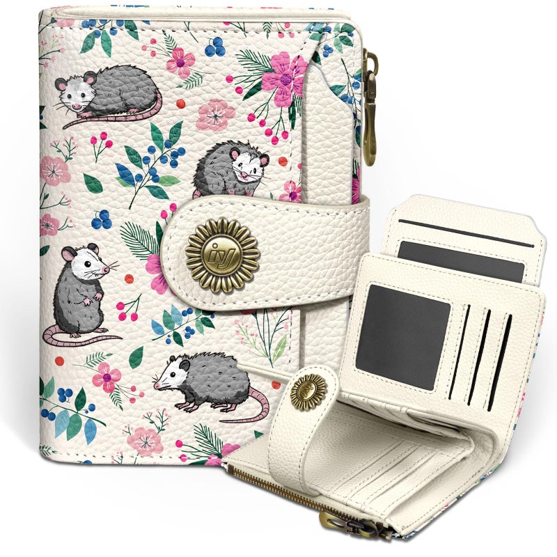 Icycay Possum Wallet Women Small RFID Blocking Bifold, Credit Card Holder, Zipper Coin Pocket, Funny Opossum, Cute, PU Leather, Compact, Travel, 14 Card Slots, Cash Purse, Ladies Woman Female Girls - Image 1